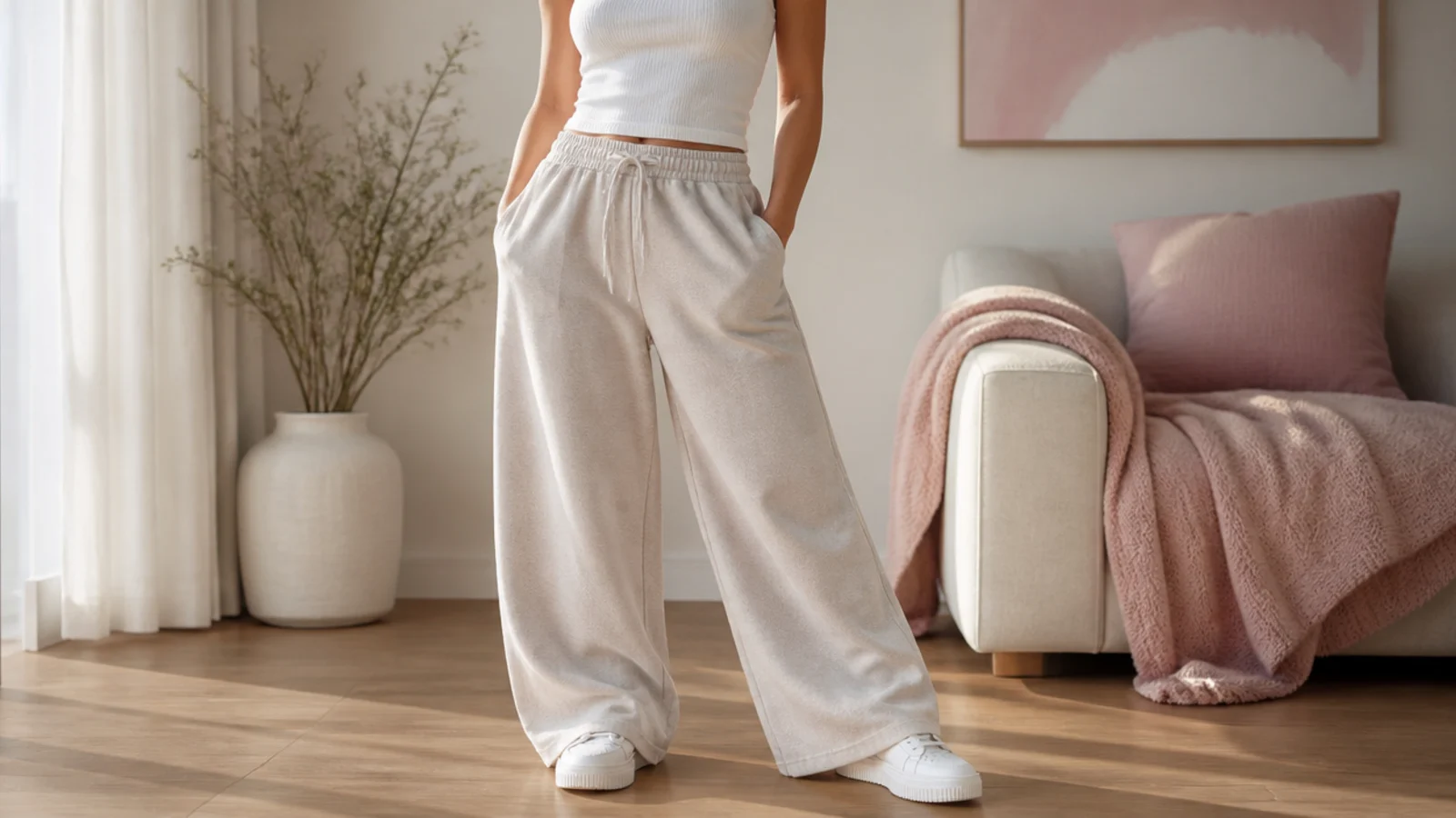 Faceless outfit with high-rise wide-leg sweatpants, a fitted tucked tank and platform sneakers