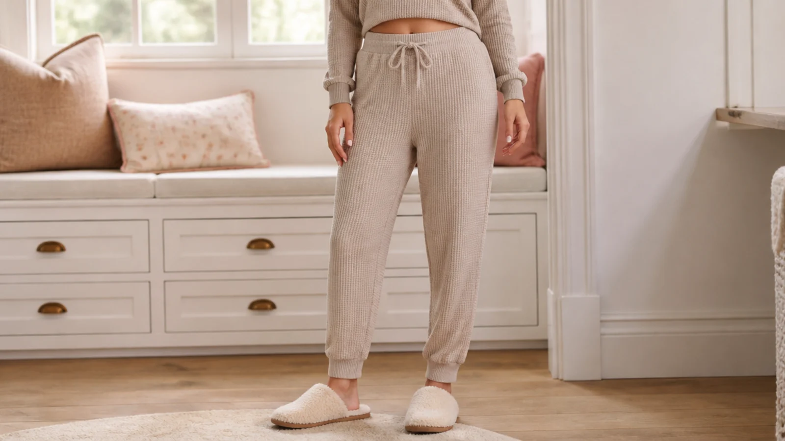 Faceless outfit with textured waffle-knit sweatpants, a matching ribbed top and shearling slippers