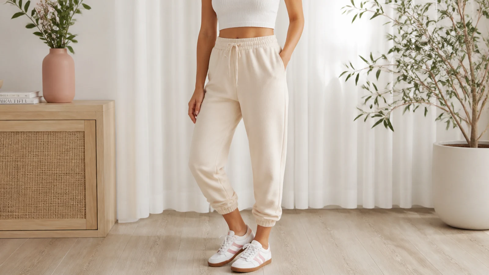 Faceless outfit with high-waisted cuffed joggers, a tucked crop top and retro sneakers