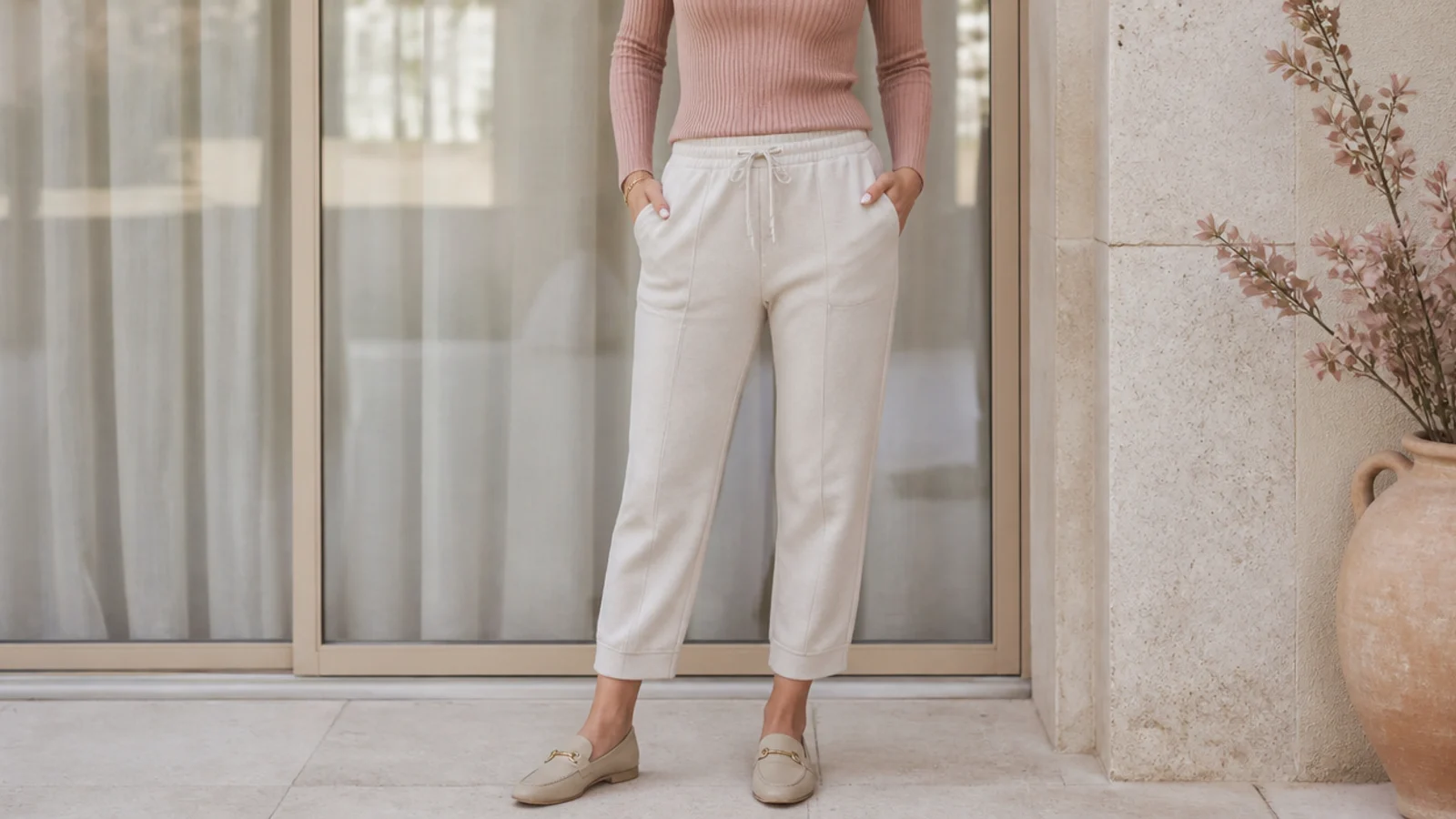 Faceless outfit with cropped ankle-length sweatpants, a fitted knit and loafers with visible ankle