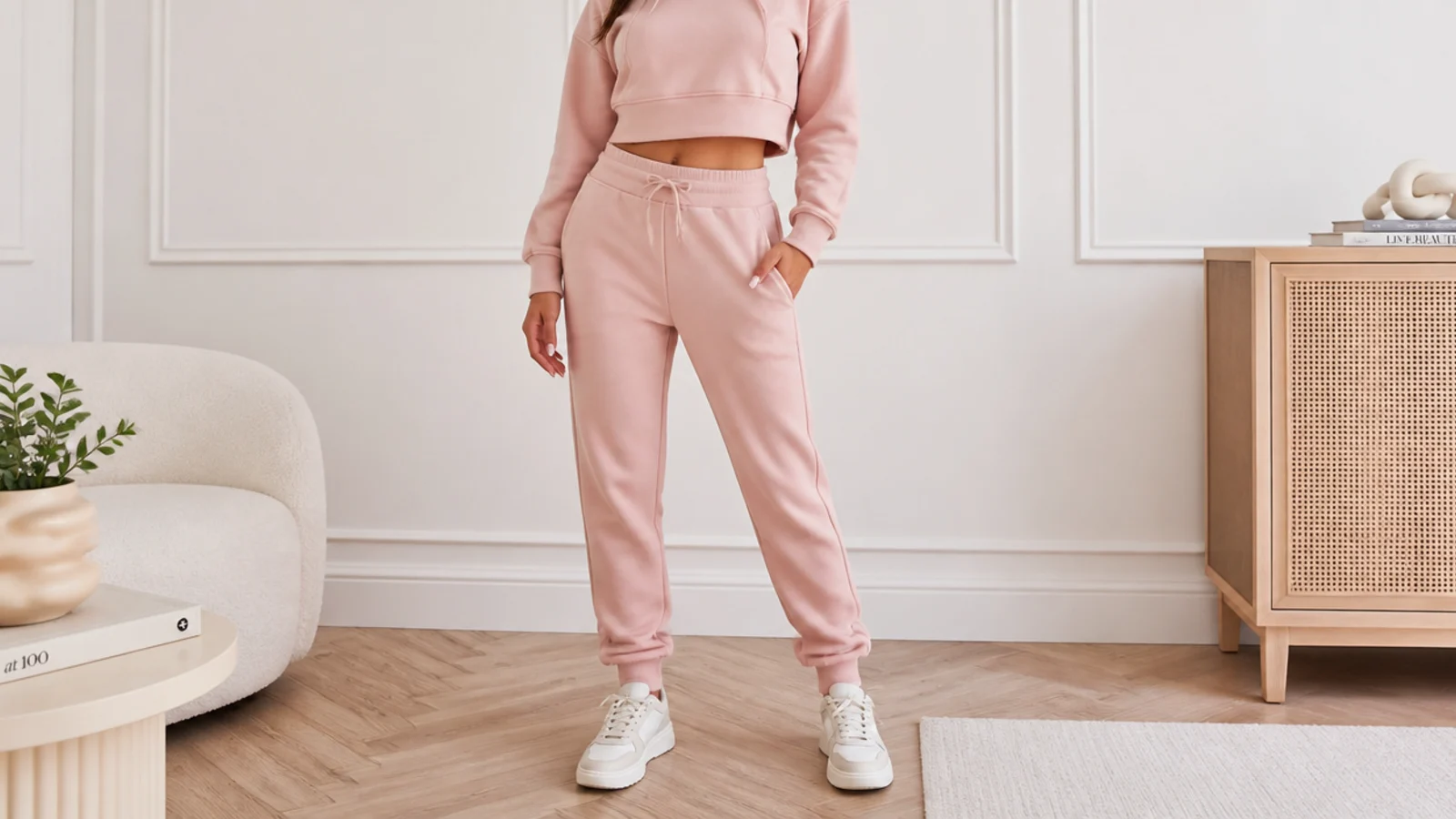 Faceless outfit with matching sweatsuit set sweatpants and a coordinating cropped hoodie with sneakers