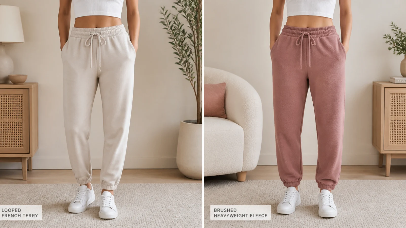 Faceless comparison of smooth looped french terry beside brushed heavyweight fleece sweatpants