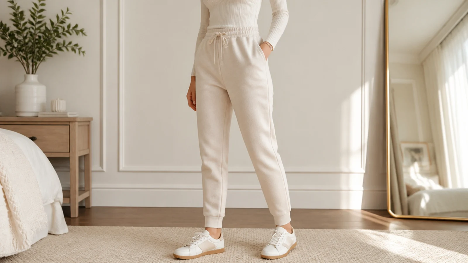 Faceless flat-lay of high-rise tapered sweatpants styled with a tucked fitted top for a defined waist