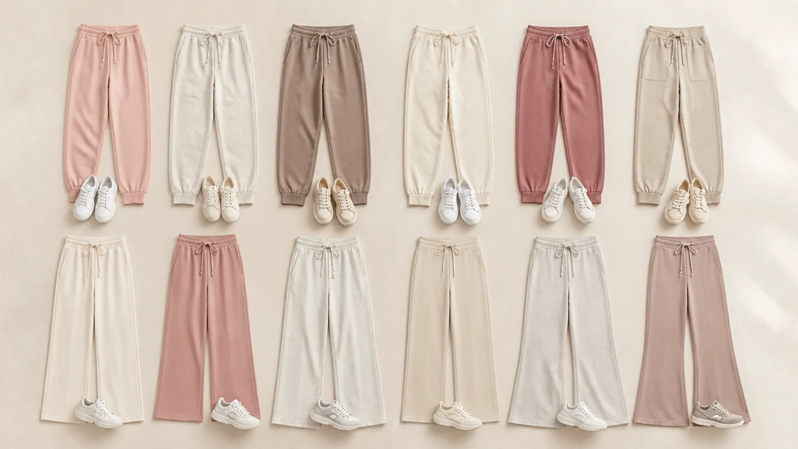 Faceless flat-lay of twelve comfy sweatpants compared, from tapered joggers to wide-leg and flare sweatpants