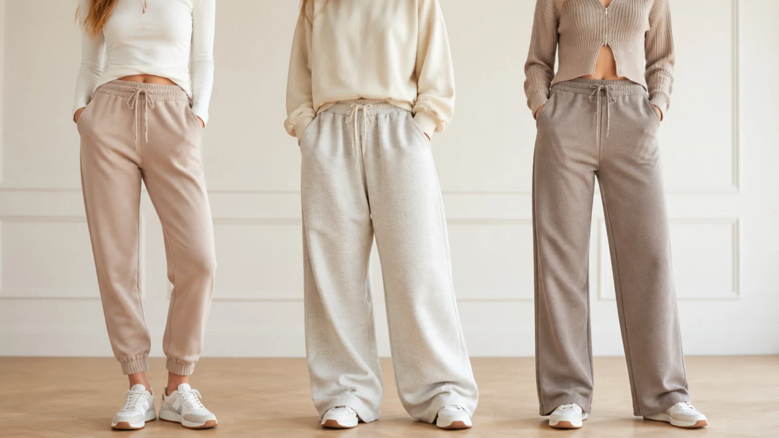 Faceless comparison of tapered jogger, oversized baggy and straight-leg sweatpants side by side