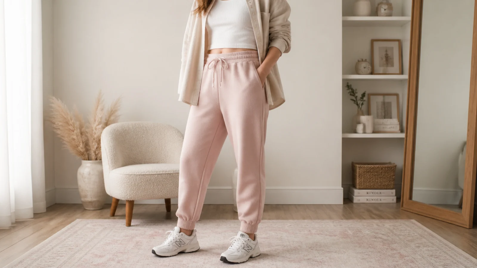 Faceless flat-lay of a mid-rise french terry tapered jogger styled as a first sweatpant purchase