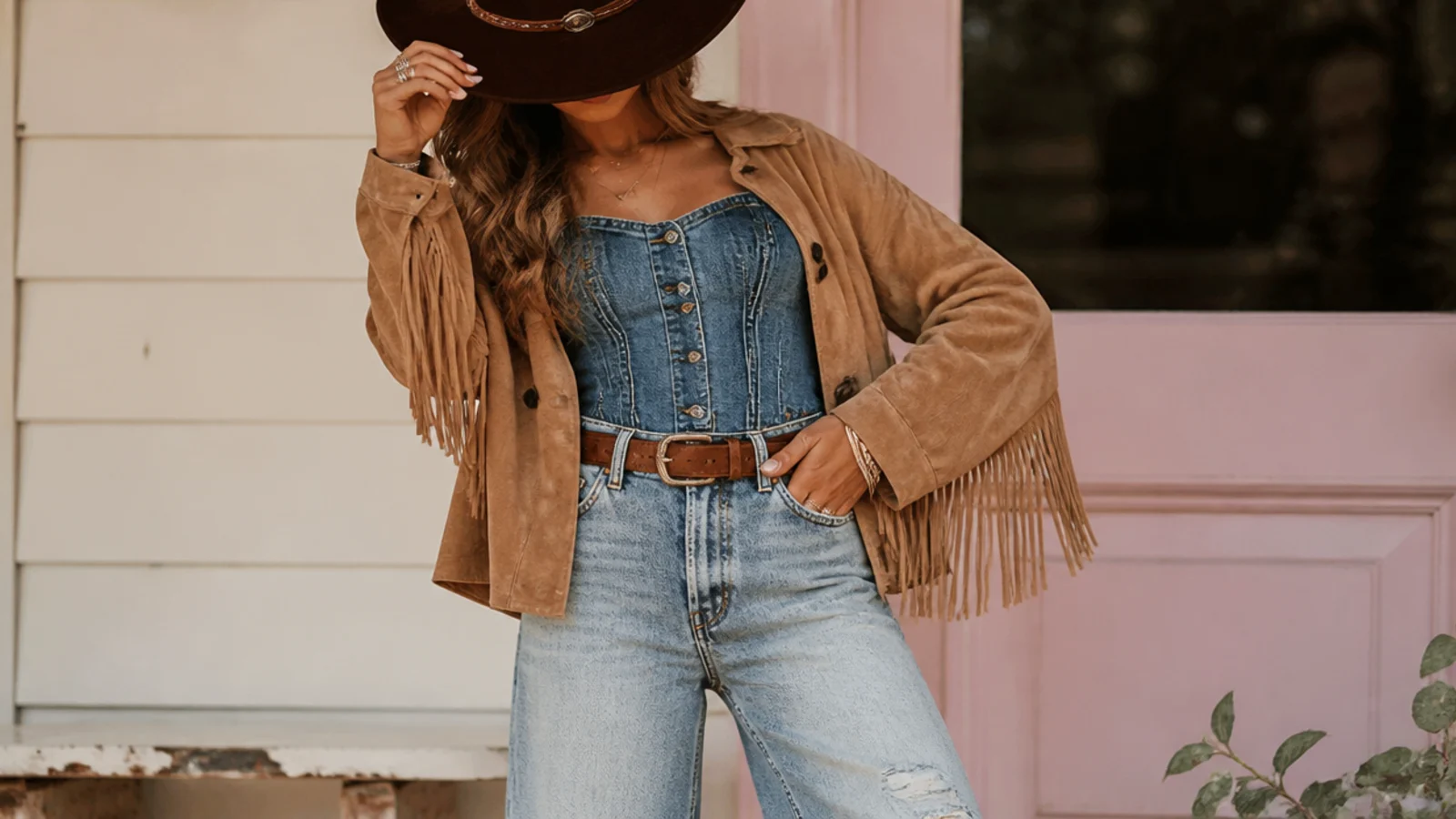 Faceless waist-up shot of a denim corset top under a suede fringe jacket with a brown western hat