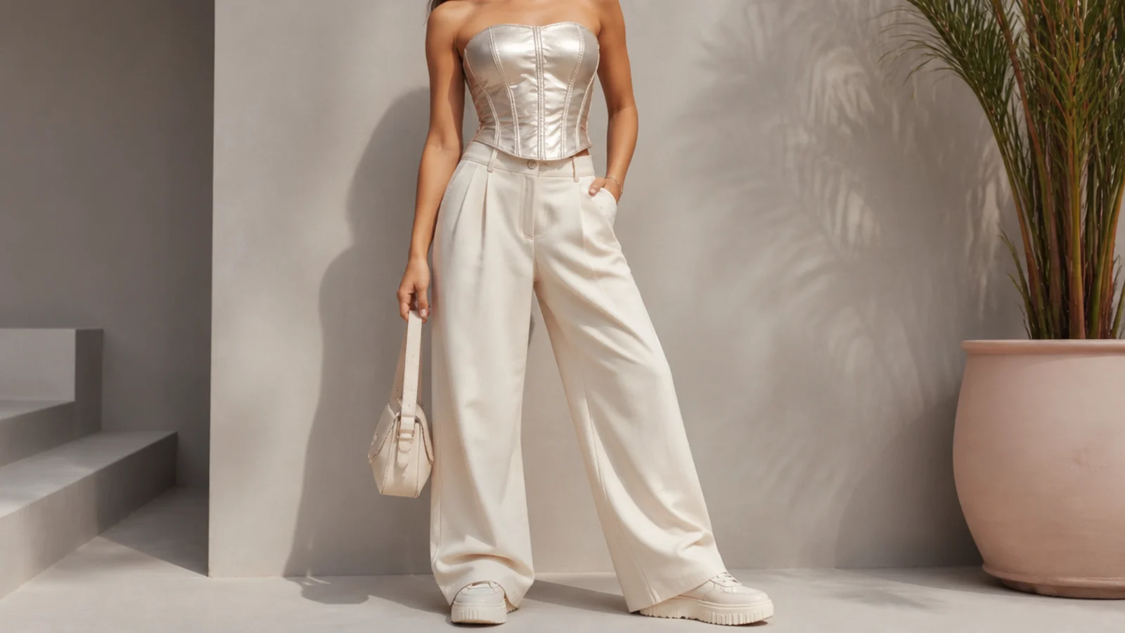Faceless full-length shot of a metallic corset top with wide-leg trousers and chunky platform sneakers