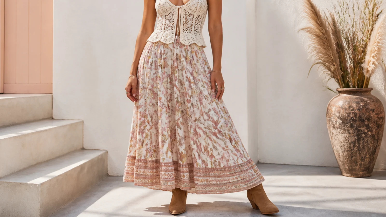 Faceless full-length shot of a crochet corset top with a flowy printed maxi skirt and tan ankle boots