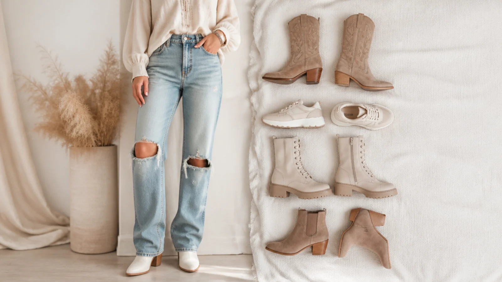 Faceless flat-lay of cowboy boots, chunky sneakers, combat boots and a block-heel boot for a concert