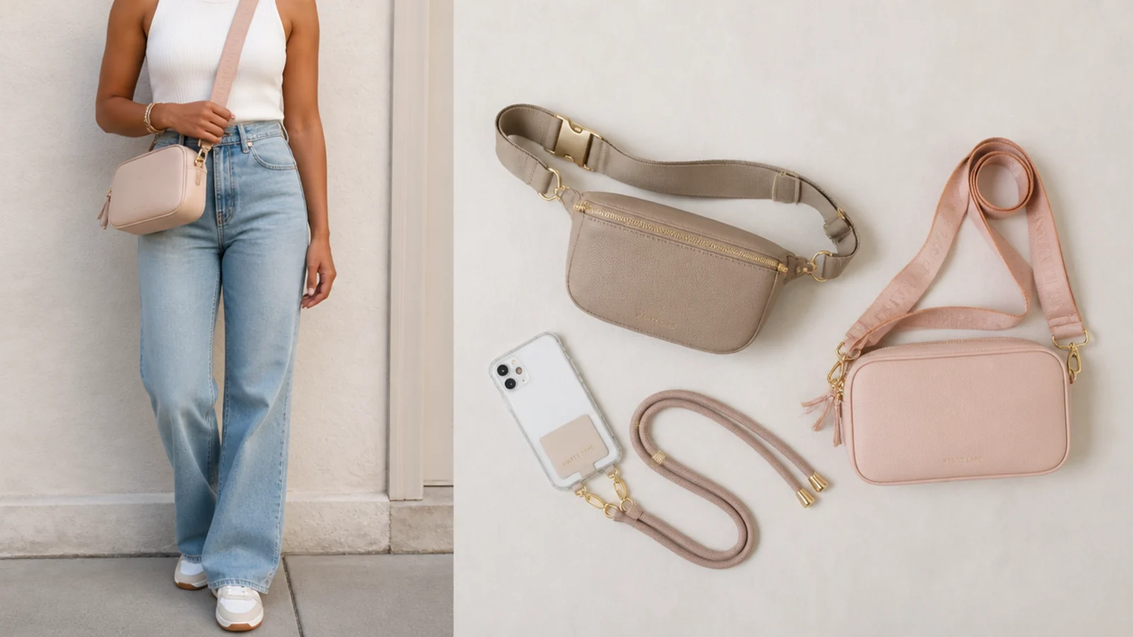 Faceless flat-lay of a crossbody bag, a belt bag and a phone lanyard laid out for a concert