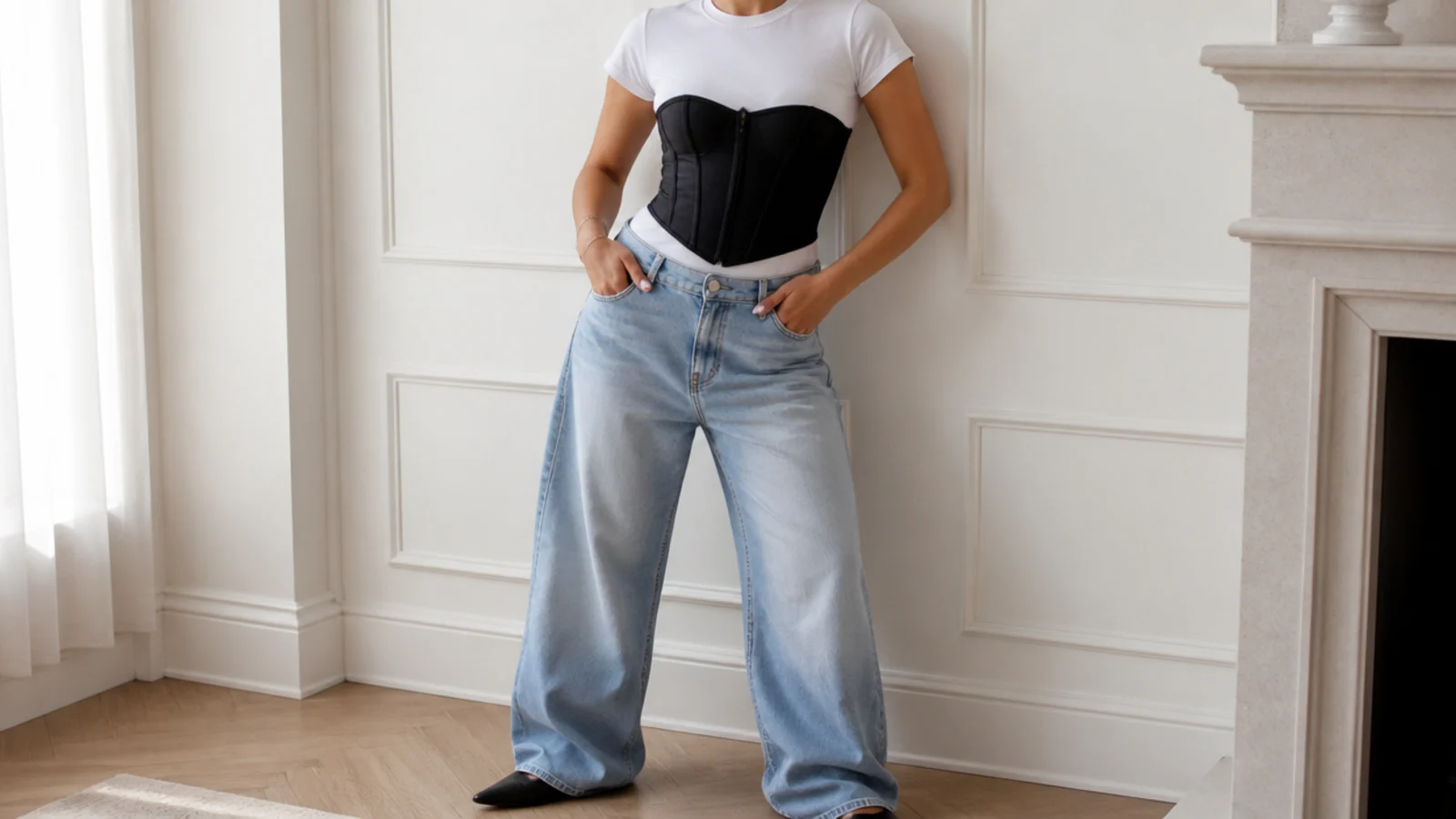 Faceless waist-up shot of a black corset layered over a fitted white t-shirt with baggy light-wash jeans