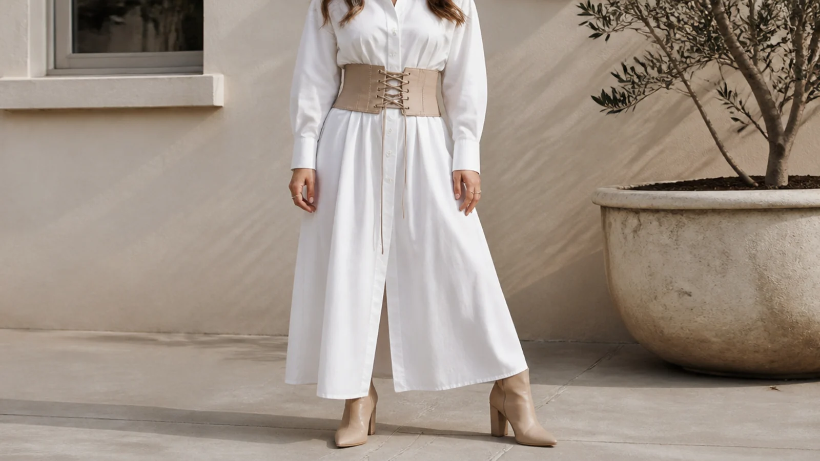Faceless waist-up shot of a wide lace-up corset belt cinched over a long white poplin shirt dress with boots