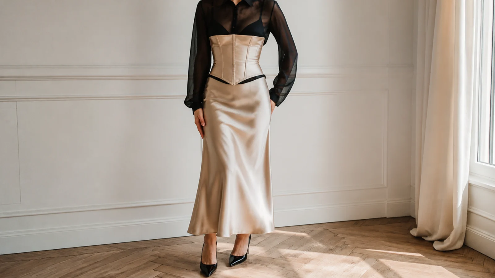 Faceless waist-up shot of a satin corset over a sheer black blouse with a bias-cut satin midi skirt