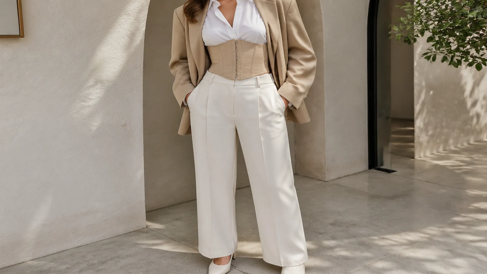 Faceless waist-up shot of a corset over a white button-down under an open oversized blazer with trousers