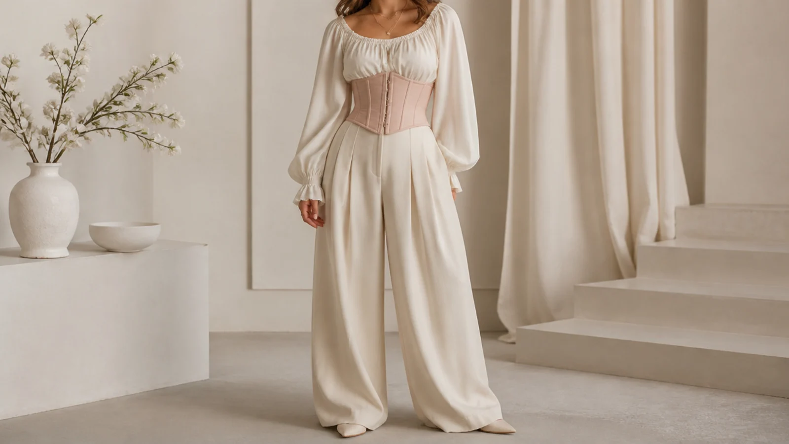 Faceless waist-up shot of an underbust corset cinched over a flowy cream peasant blouse with wide-leg trousers