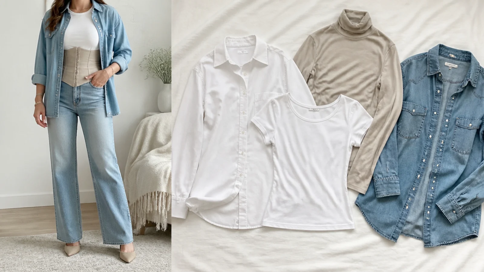 Faceless flat-lay of a white button-down, a fitted tee, a slim turtleneck and a denim shirt laid out for corset layering