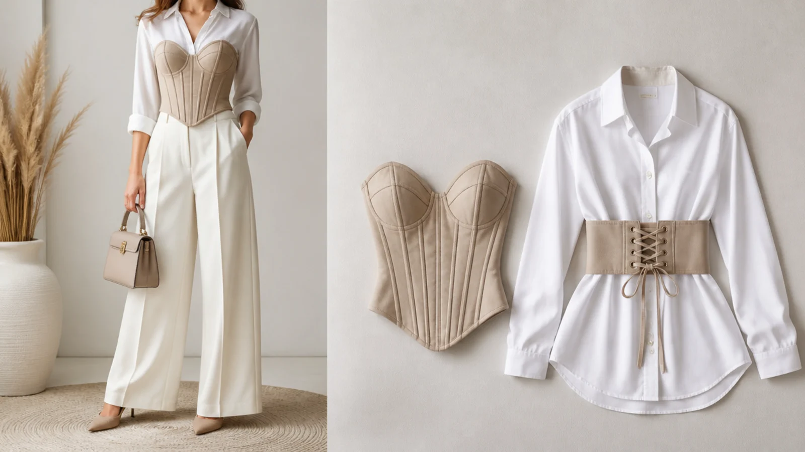 Faceless comparison flat-lay of a full boned corset top beside a wide lace-up corset belt over a white shirt