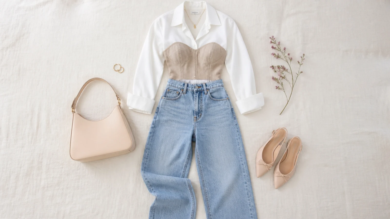 Faceless step flat-lay of a white button-down tucked into jeans with a structured corset laid over the top