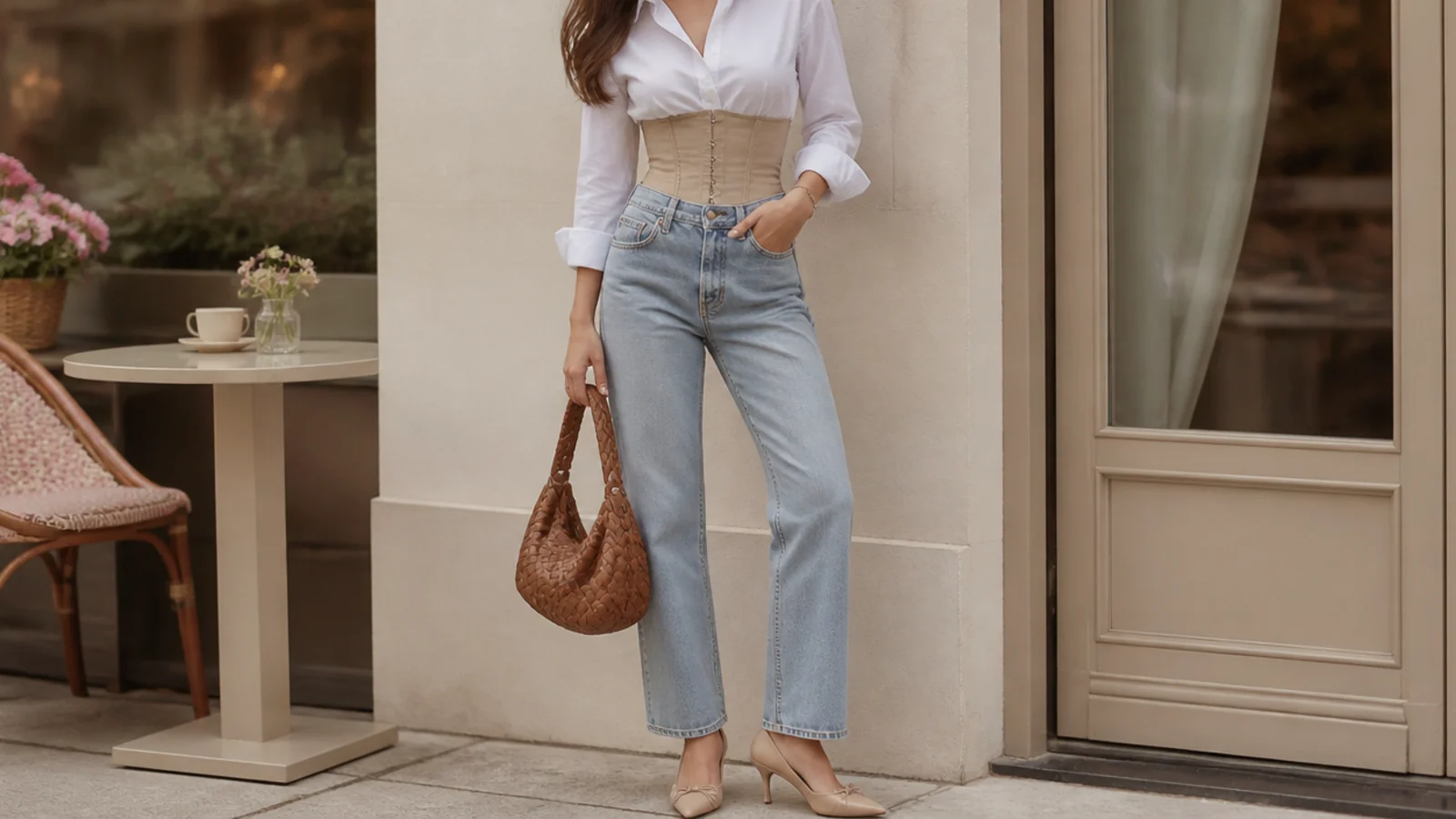 Faceless close-up of a button-down shirt tucked into high-waisted jeans with a corset closed over the tucked hem