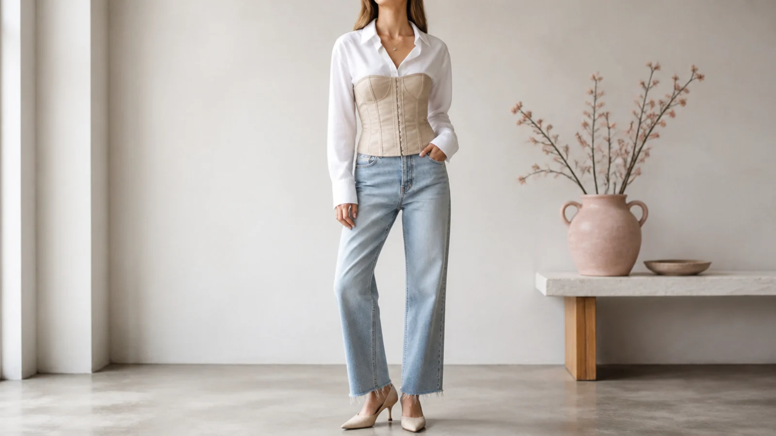 Faceless corset over shirt outfit with a structured corset over a white button-down and jeans