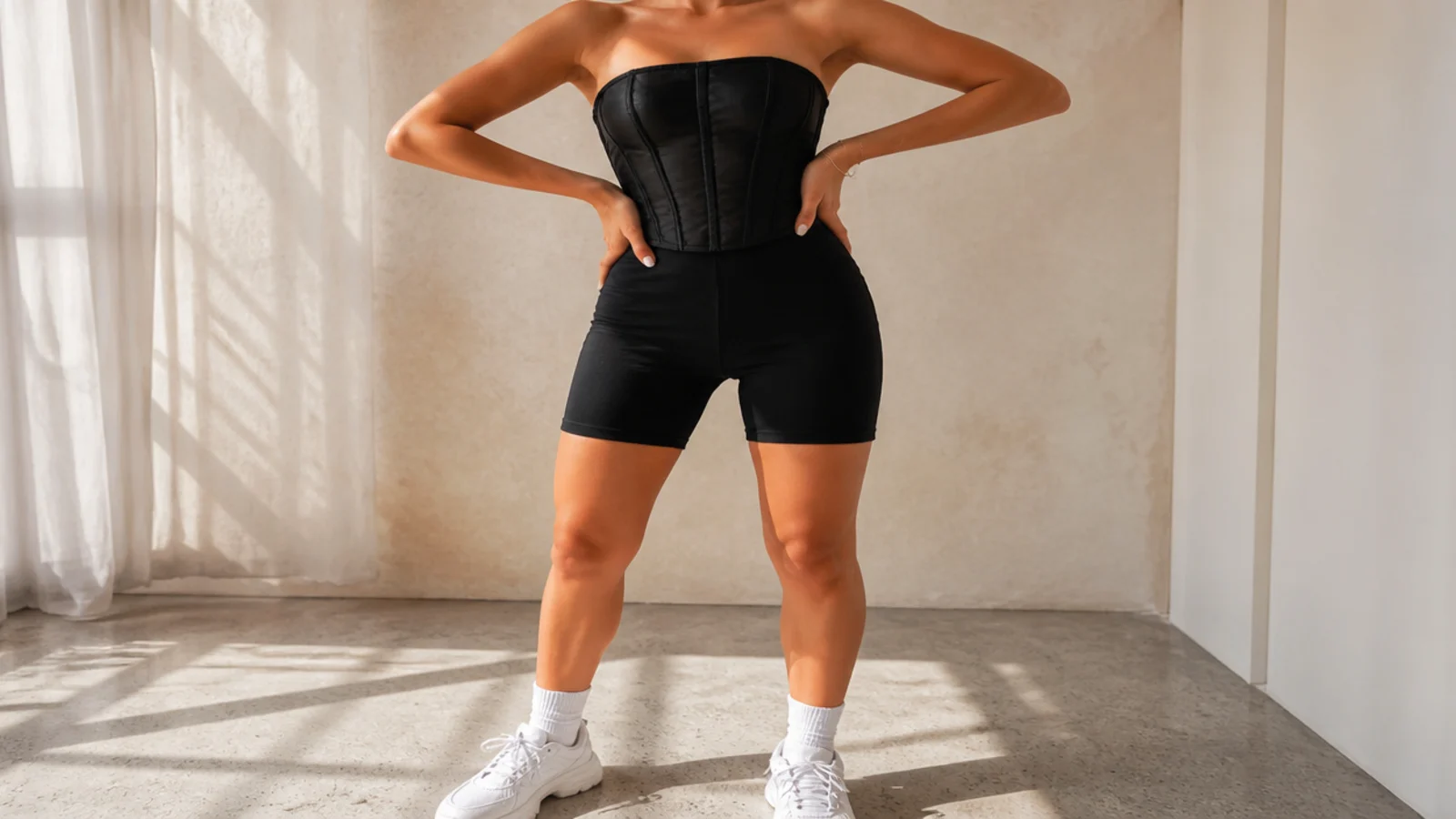 Faceless waist-up shot of a black corset top with black biker shorts and chunky white sneakers