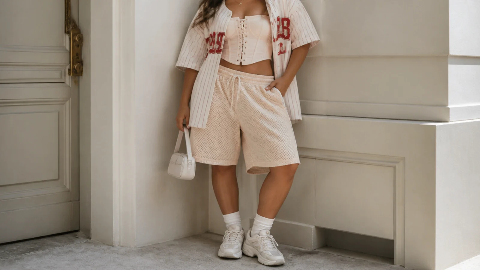 Faceless waist-up shot of a corset top with baggy athletic mesh shorts, an open jersey and chunky sneakers