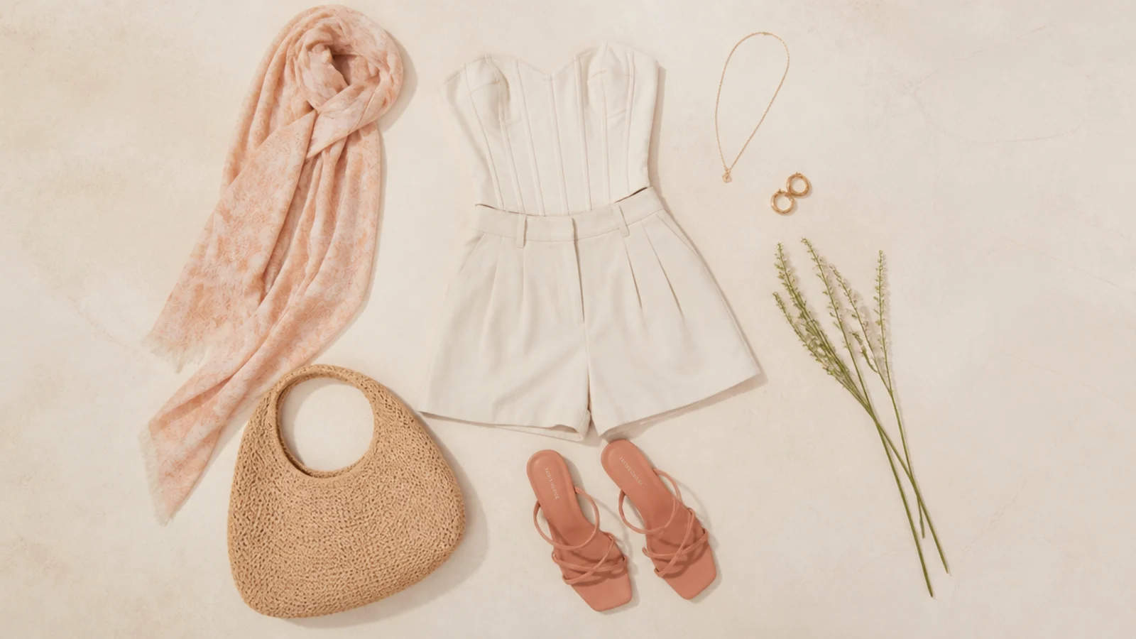 Faceless flat-lay showing a longline corset with high-waisted shorts arranged for balanced proportions