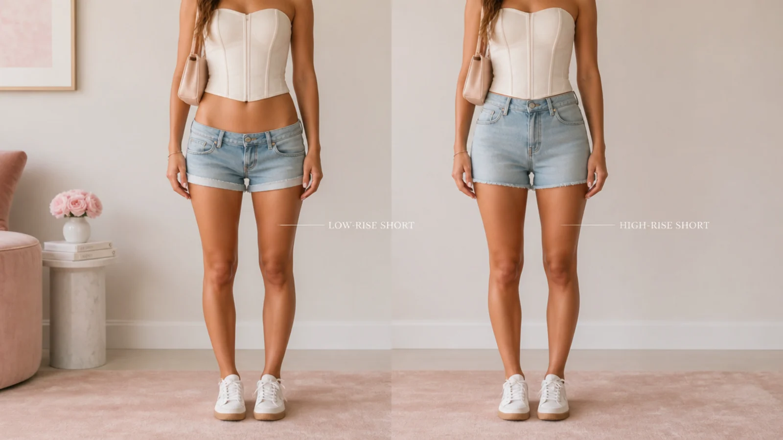 Faceless comparison of a low-rise short leaving a wide midriff gap beside a high-rise short meeting the corset hem
