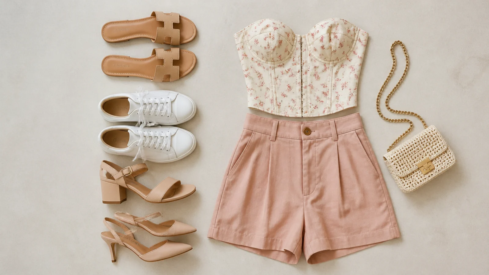 Faceless flat-lay of flat sandals, white sneakers, block heels and strappy heels beside a corset top and shorts
