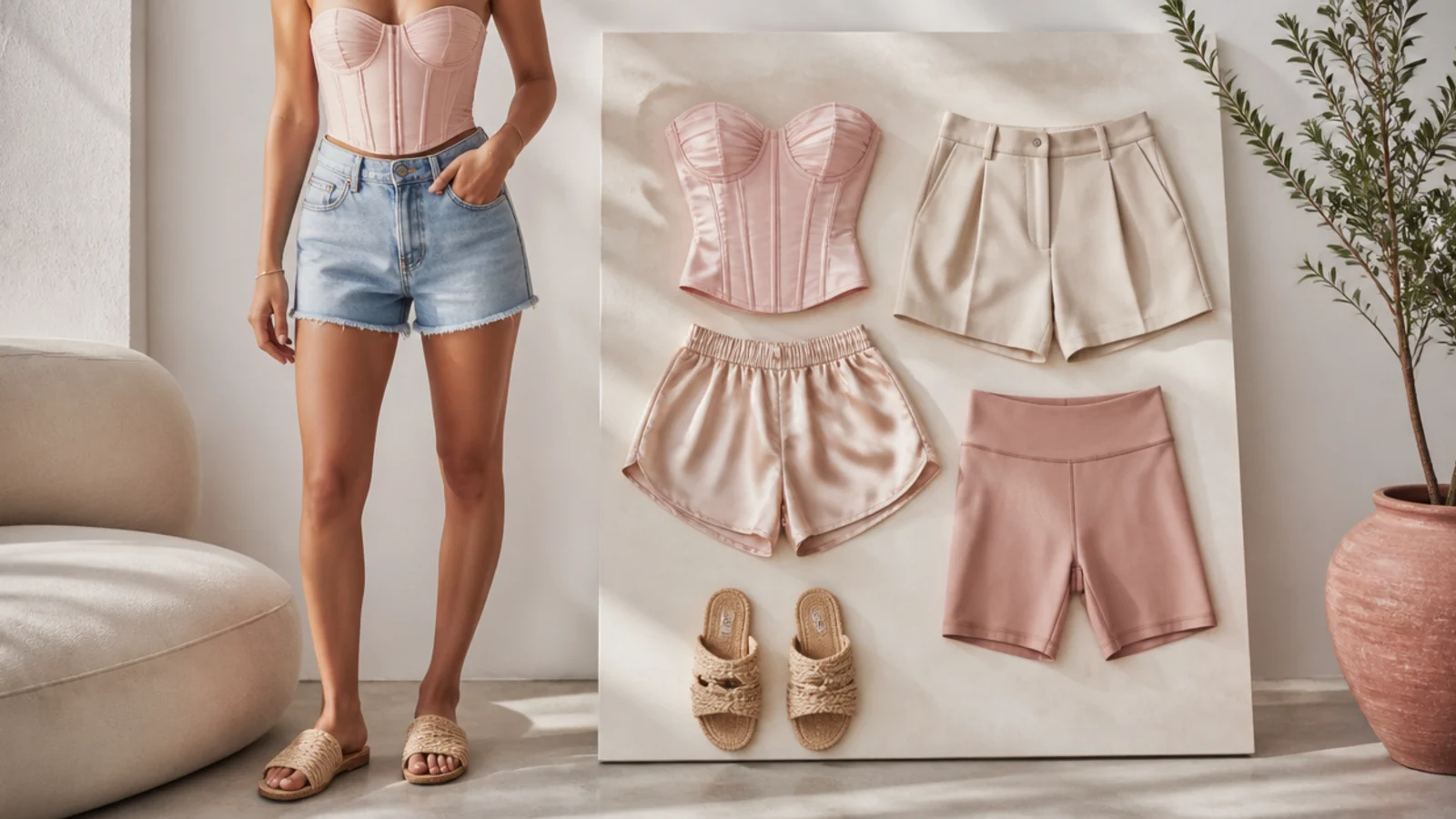 Faceless flat-lay of denim shorts, tailored shorts, satin shorts and biker shorts arranged with a corset top