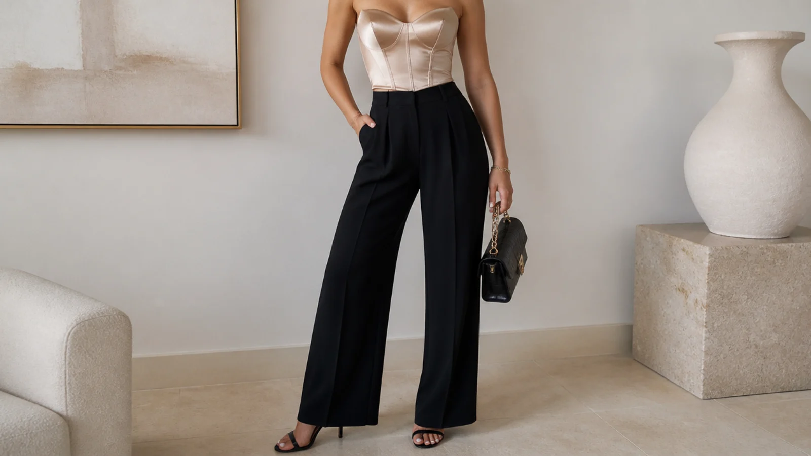Faceless waist-up shot of a champagne satin corset top tucked above high-waisted black wide-leg crepe trousers with heels