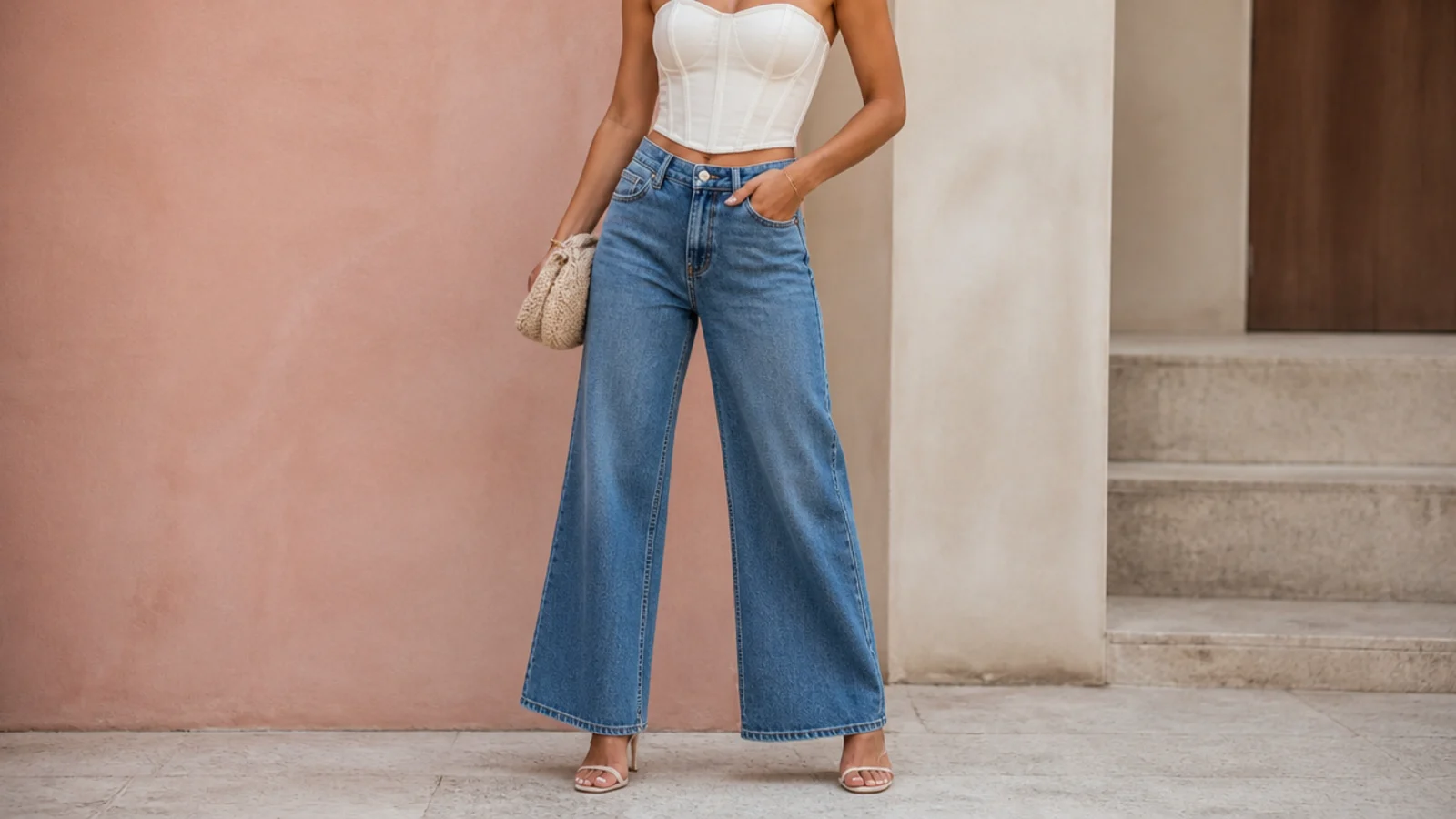 Faceless waist-up shot of a cropped structured corset top with high-waisted mid-blue wide-leg jeans and heeled sandals