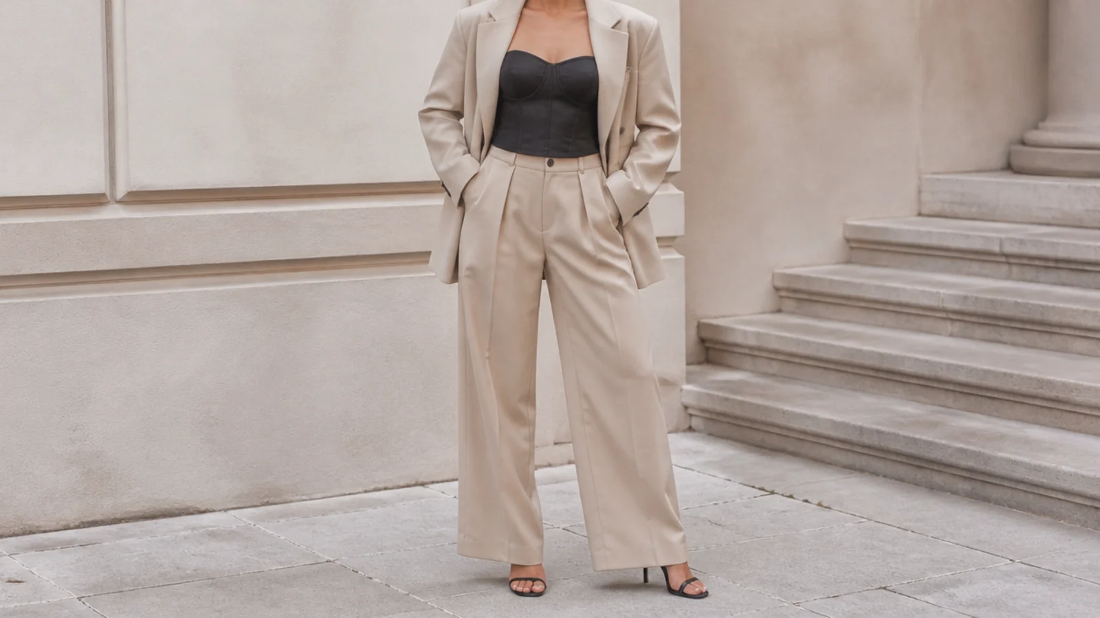Faceless outfit with a black corset top under an open oversized blazer with matching wide-leg suit trousers and heels