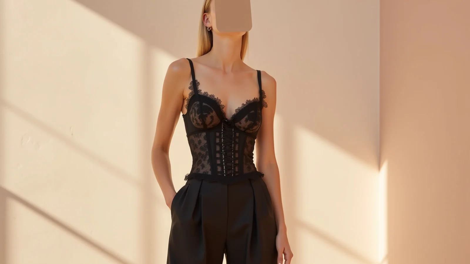 Faceless full-length shot of a black lace corset top with black wide-leg satin trousers and strappy heels
