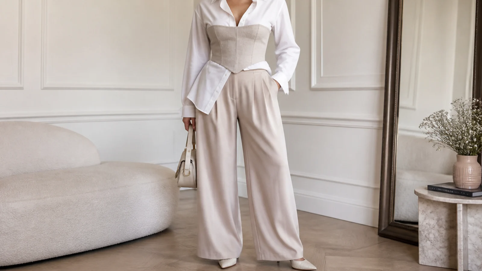 Faceless outfit with a corset top layered over an open white button-down shirt with high-waisted wide-leg trousers