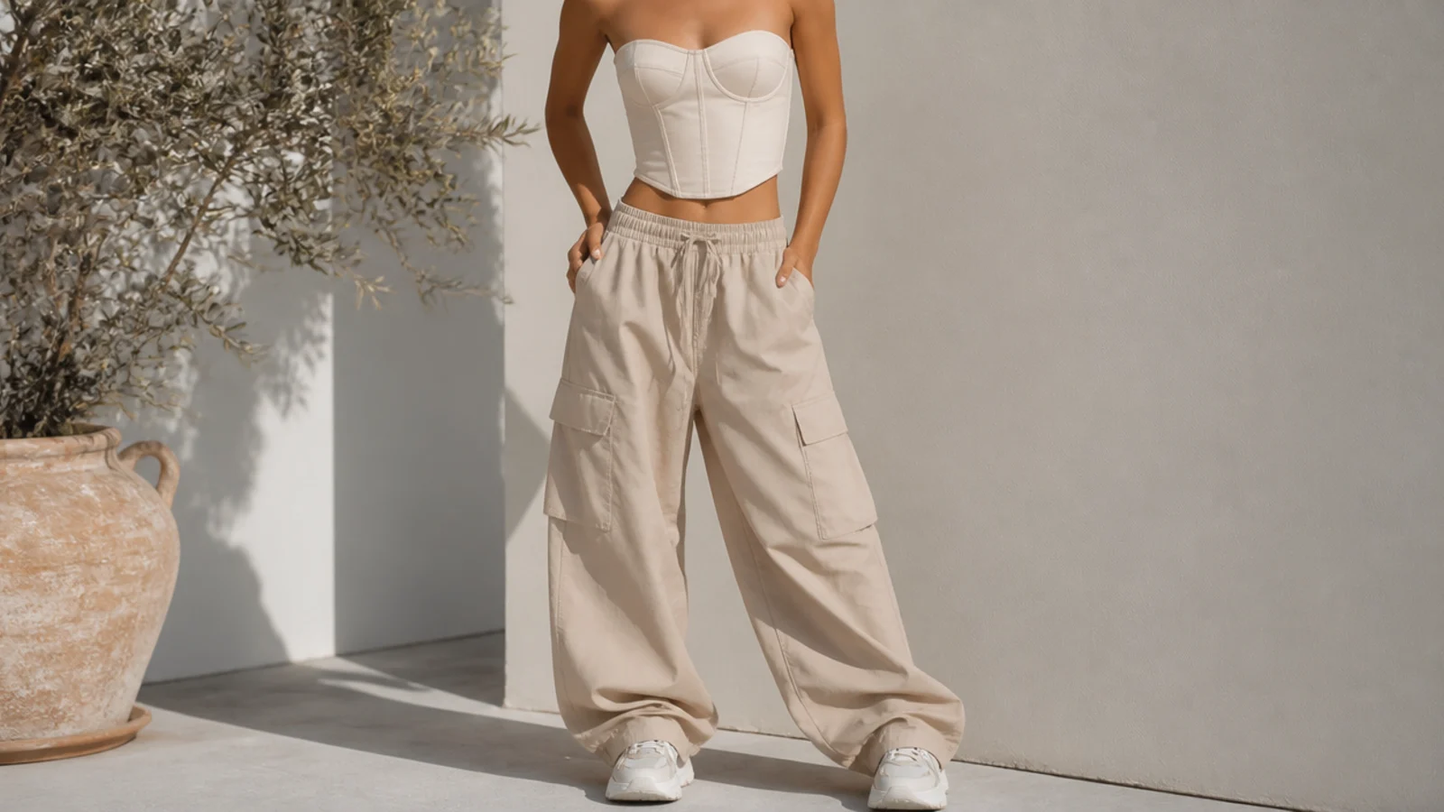 Faceless waist-up shot of a structured corset top with baggy wide-leg cargo pants and chunky sneakers
