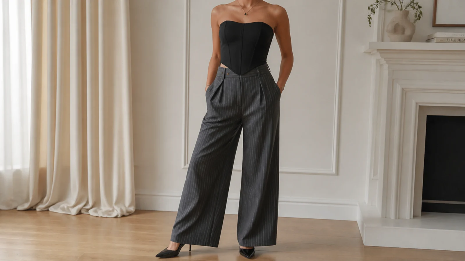 Faceless waist-up shot of a solid black corset top with gray pinstripe high-waisted wide-leg trousers and heels