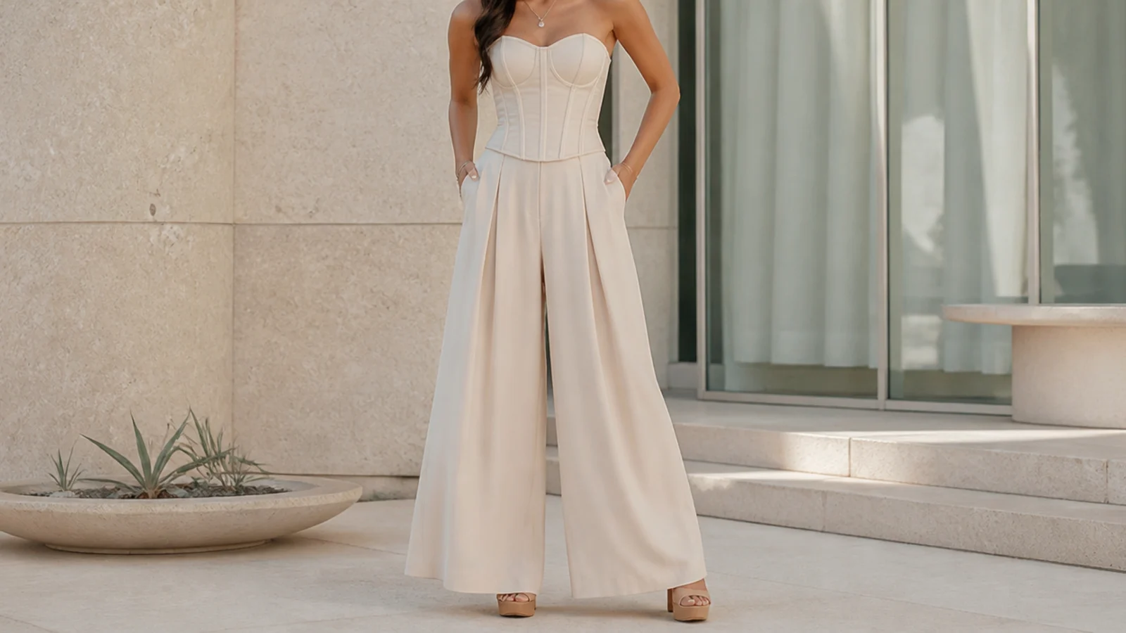 Faceless full-length shot of a fitted corset top with flowing wide-leg palazzo pants and platform heels