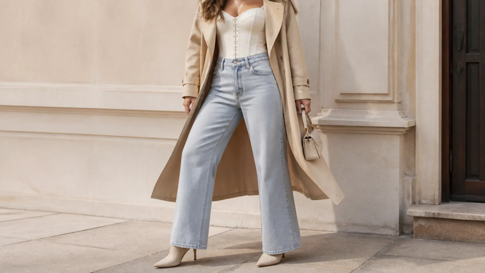 Faceless outfit with a corset top and high-waisted wide-leg jeans under an open beige trench coat with ankle boots
