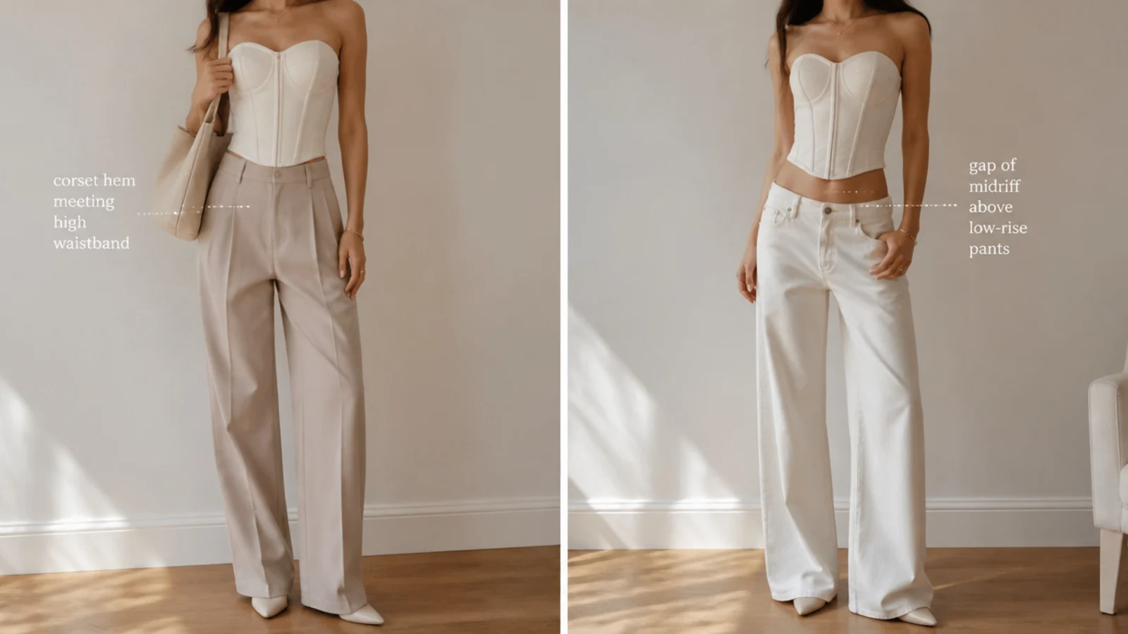Faceless close-up comparison of a corset hem meeting a high waistband versus a gap of midriff above low-rise pants