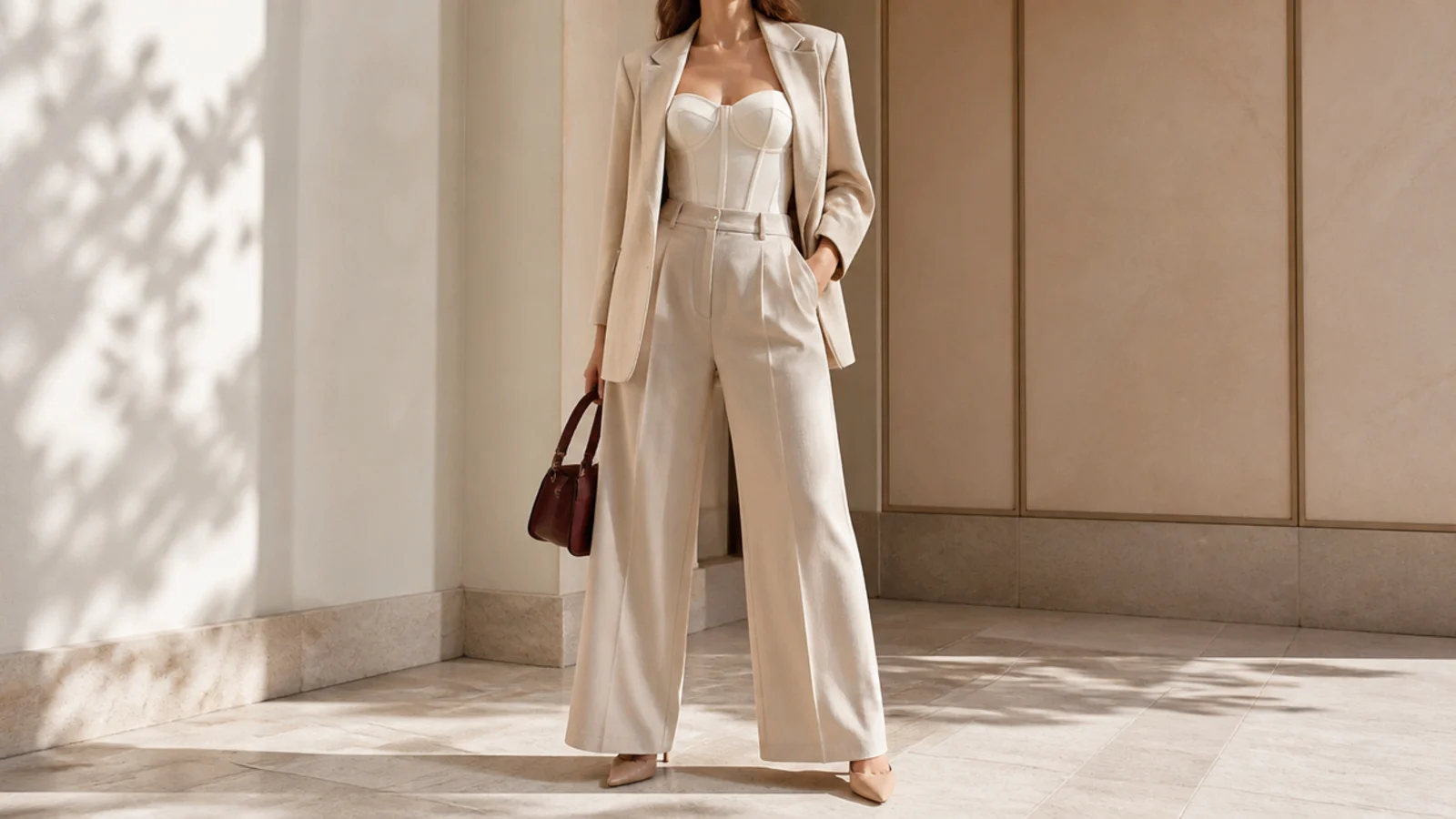 Faceless outfit showing a corset top made office-ready with a blazer layer over high-waisted wide-leg suit trousers