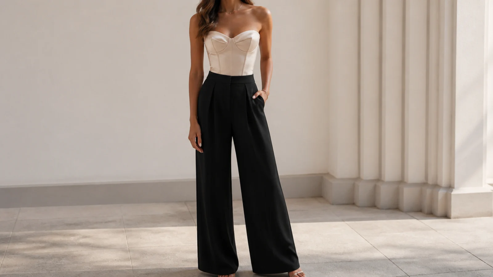 Faceless corset top with wide leg pants outfit with a satin corset and high-waisted black wide-leg trousers