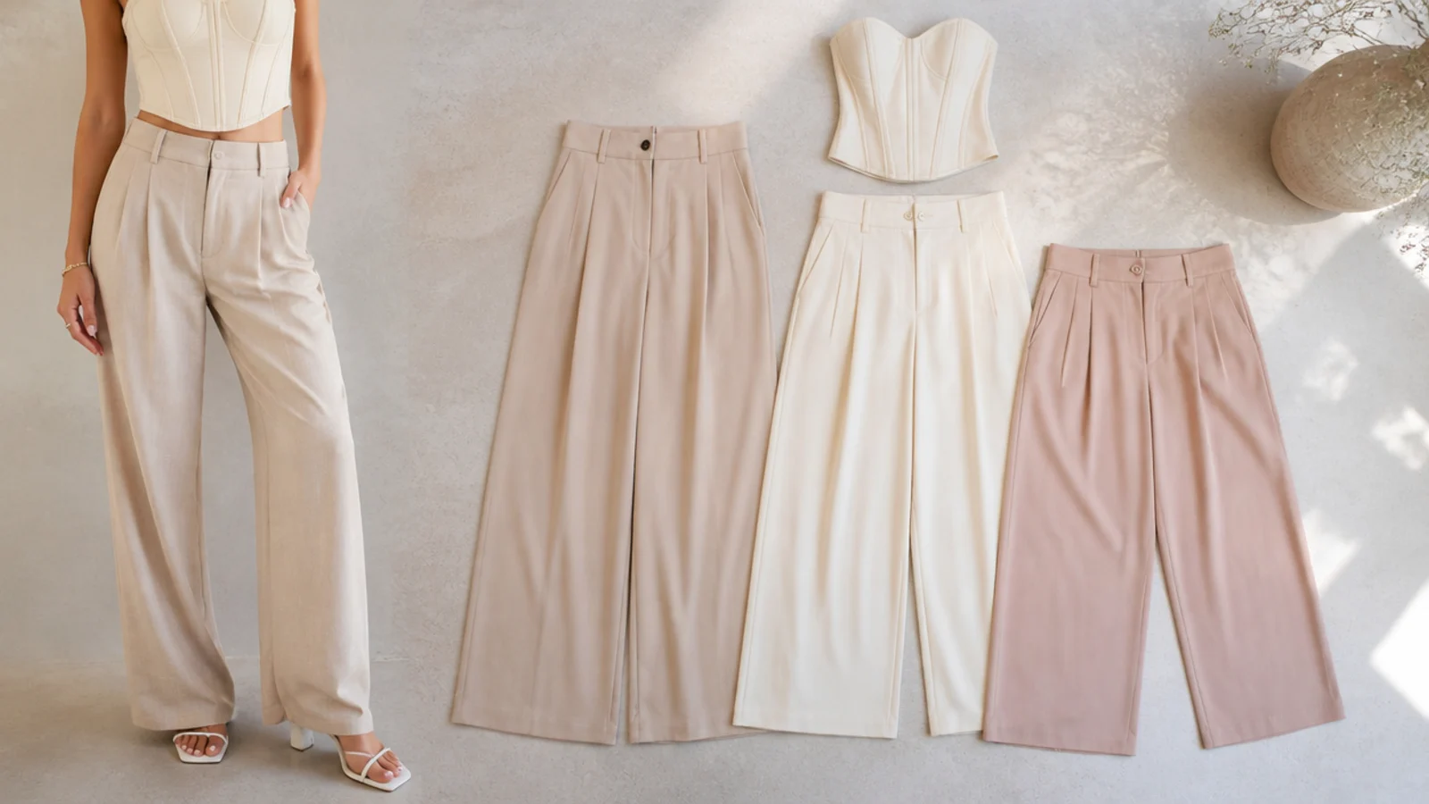 Faceless flat-lay comparing high-rise, mid-rise and low-rise wide-leg trousers laid beside a structured corset top