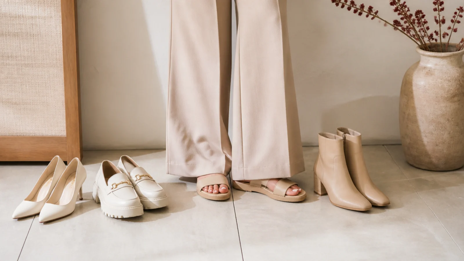 Faceless flat-lay of pointed heels, platform loafers, heeled ankle boots and flat sandals beside a wide-leg trouser hem