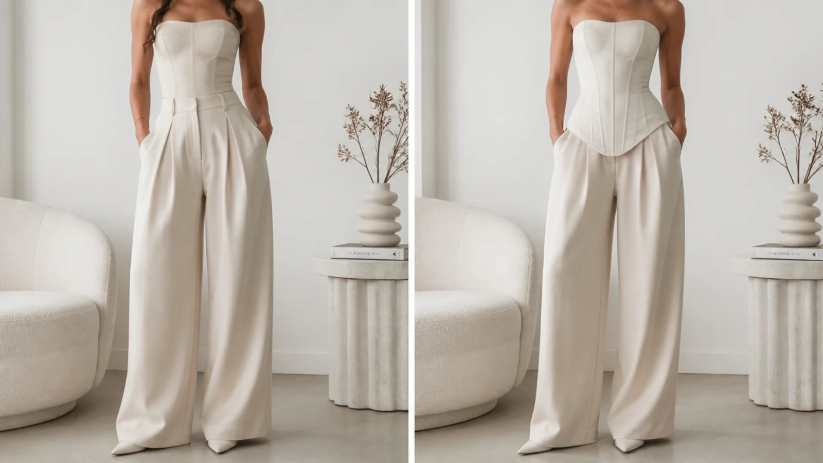 Faceless comparison of a corset tucked into high-waisted wide-leg trousers versus a longer corset worn over the waistband