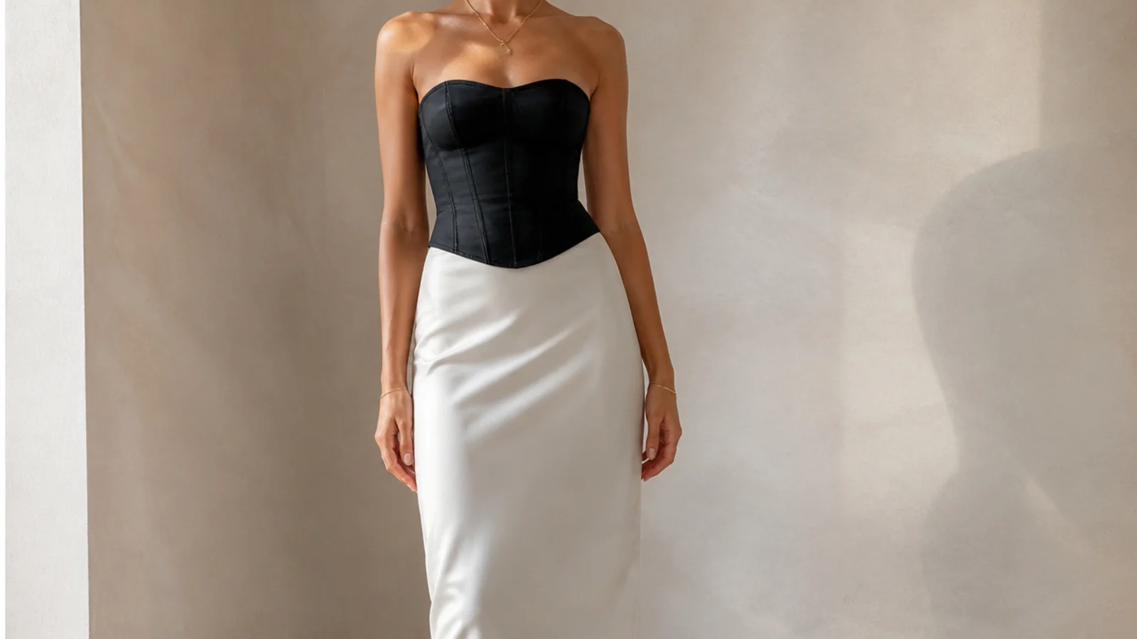 Faceless full-length shot of a black corset top with a floor-length column satin skirt and a fine gold necklace