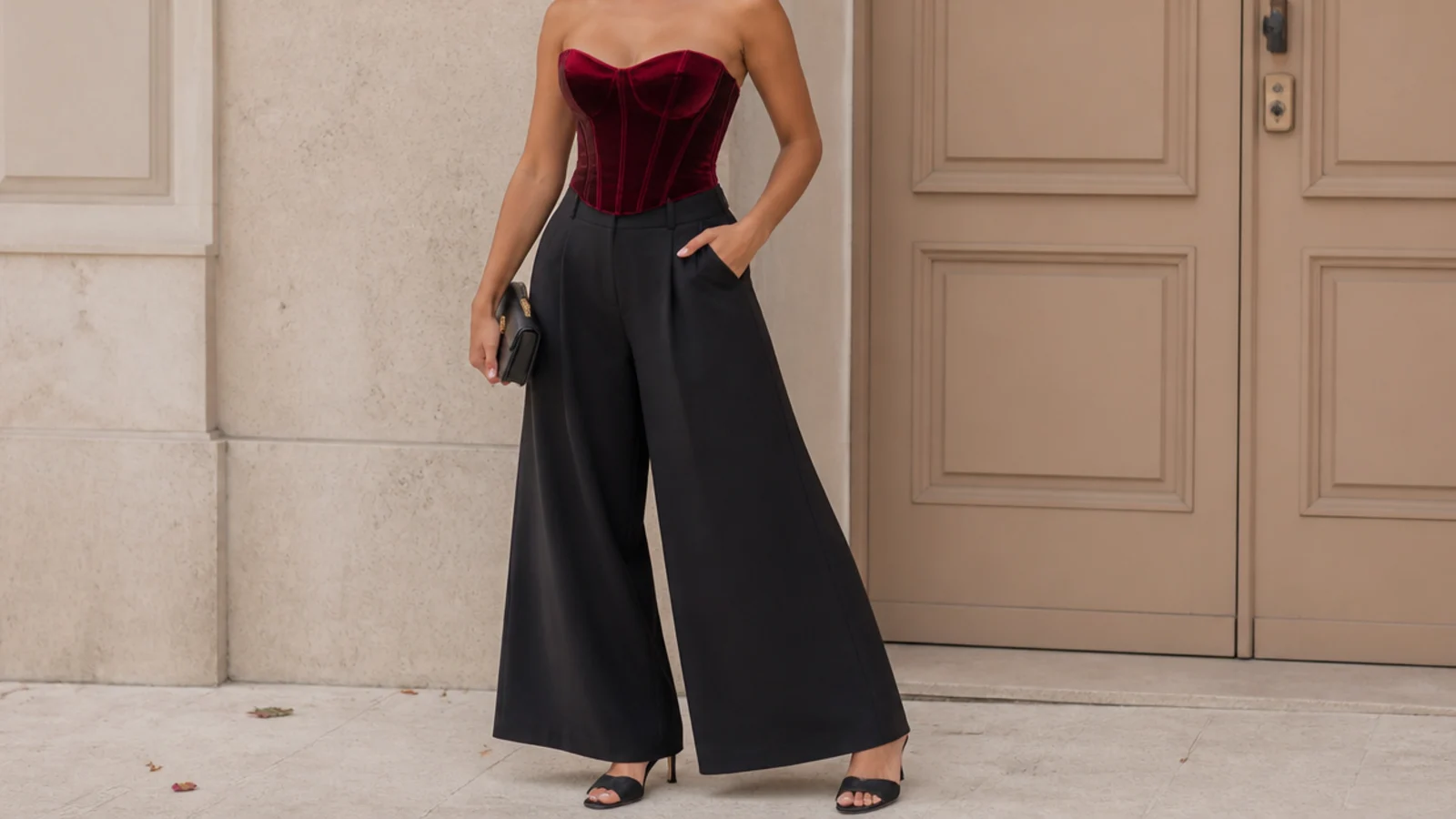 Faceless full-length shot of a burgundy velvet corset top with black wide-leg palazzo pants and heeled mules