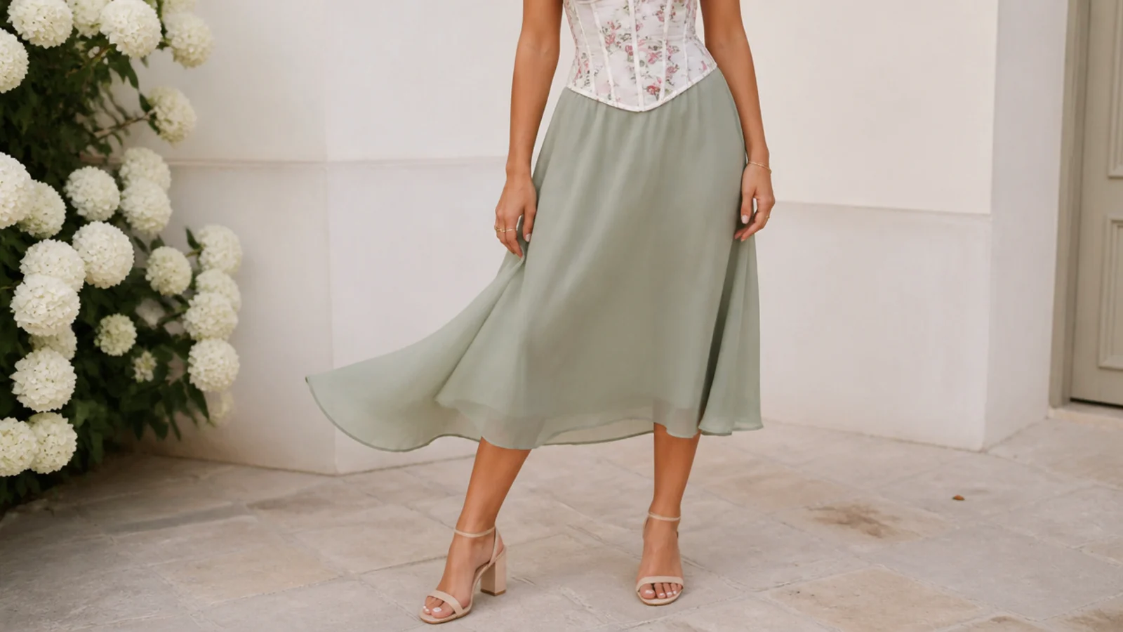 Faceless waist-down shot of a floral corset top with a soft green chiffon midi skirt and block-heel sandals