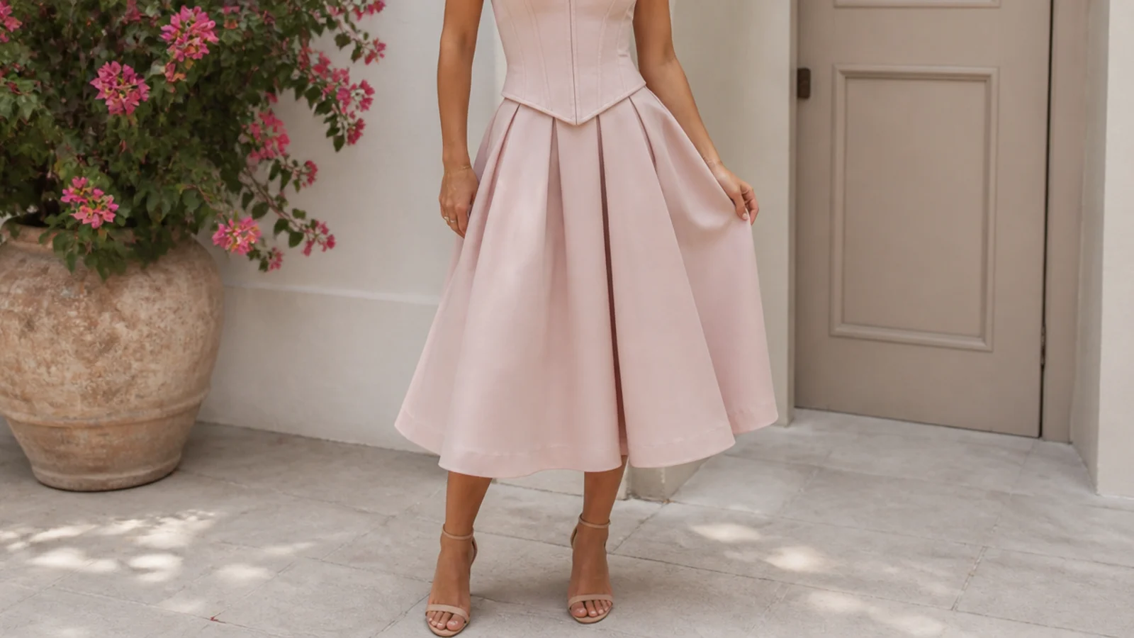 Faceless waist-down shot of a blush corset top with a matching A-line midi skirt and nude heeled sandals